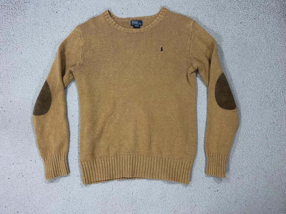 Polo By Ralph Lauren Sweater Boys XL 18-20 Beige Cotton Wool Elbow Patch Suede